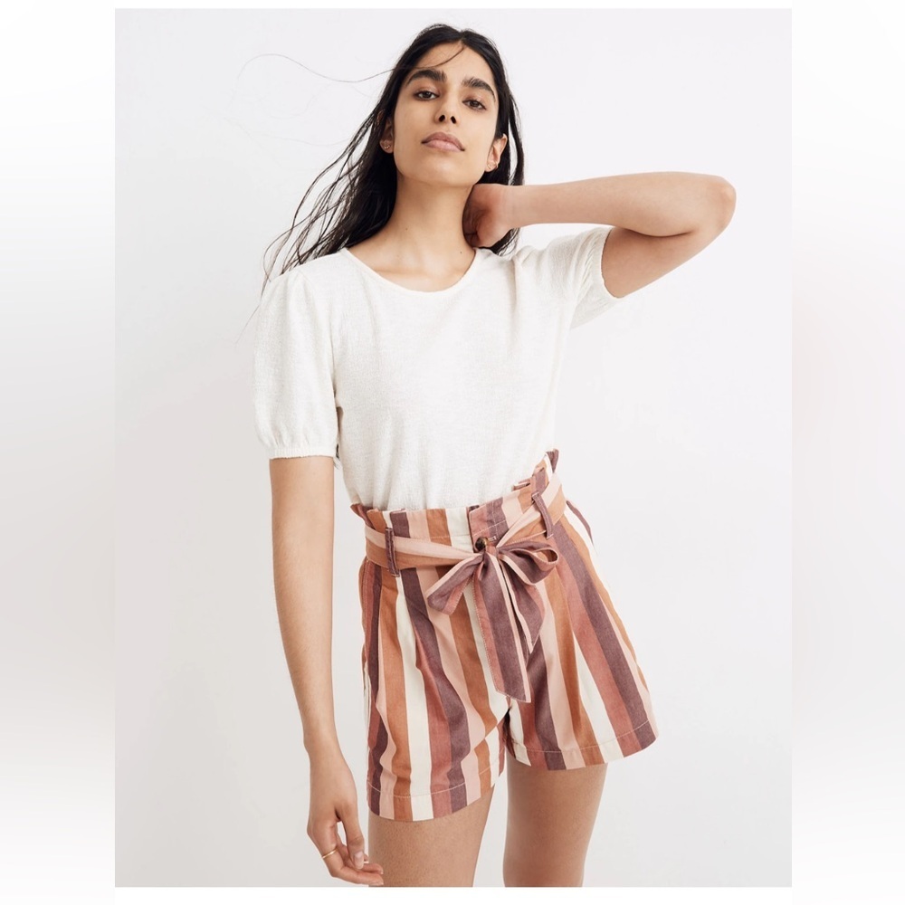 Madewell Paperbag Shorts in Rainbow Stripe Women’s Sz 14 Linen Blend High Waist